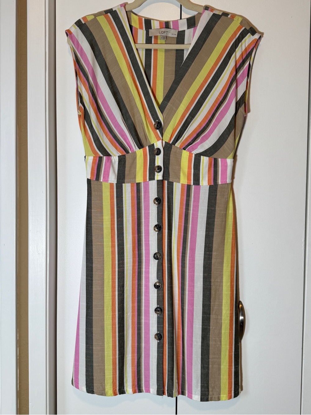 LOFT Stripe Button-Front V-Neck Dress in Multi-Color